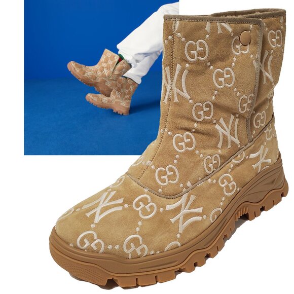 GUCCI BOOTS MENS GG LOGO YANKEES SUEDE ANKLE SHEARLING LINING  sz 12 12.5 - Picture 1 of 16